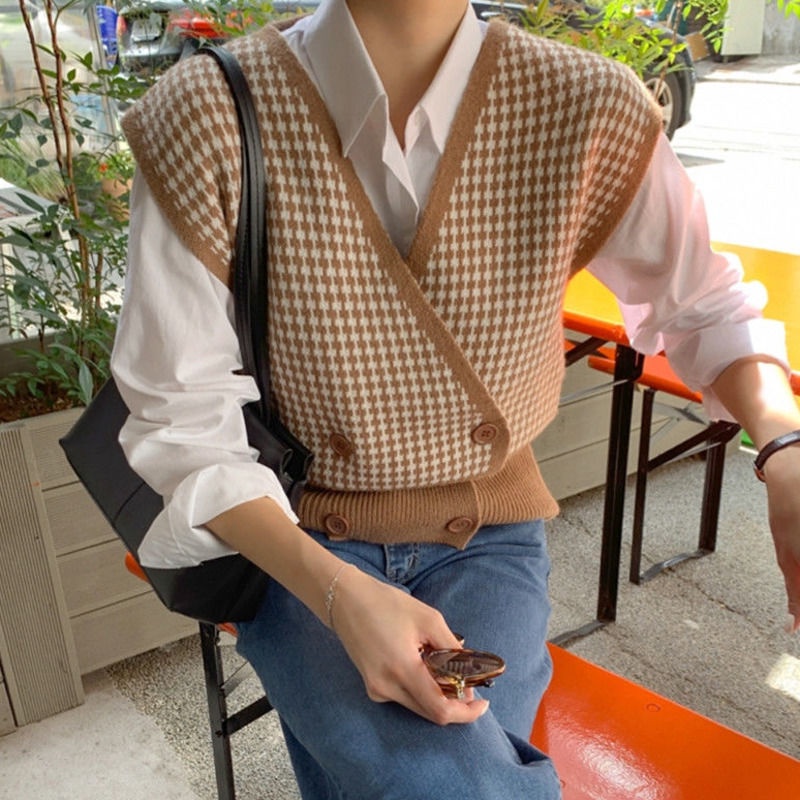 vest-retro-v-neck-check-cardigan-knit-vest