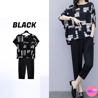 🚩Sale80%🚩ชุดเซ็ต เสื้อคอกลมแขนสั้นทรงใหญ่พิมพ์ลายอิฐ กางเกงขา 5 ส่วนเอวยางยืด