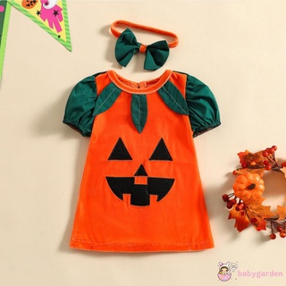 Babygarden- ชุดเดรสแขนสั้น พิมพ์ลายฟักทอง ฮาโลวีน พร้อมที่คาดผม ประดับโบว์ แฟชั่นฤดูร้อน สําหรับเด็กผู้หญิง 3-24 เดือน