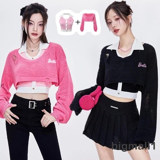 Bigmall- เสื้อถักแขนยาว คอยู ปักลายตัวอักษร แฟชั่นฤดูใบไม้ผลิ และฤดูใบไม้ร่วง สําหรับผู้หญิง 2 ชิ้น