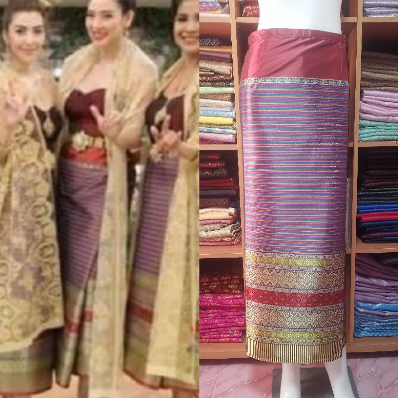ชุดไทย-ผ้าถุงล้านนาสีเลือดหมู-แบบป้ายติดตะขอ