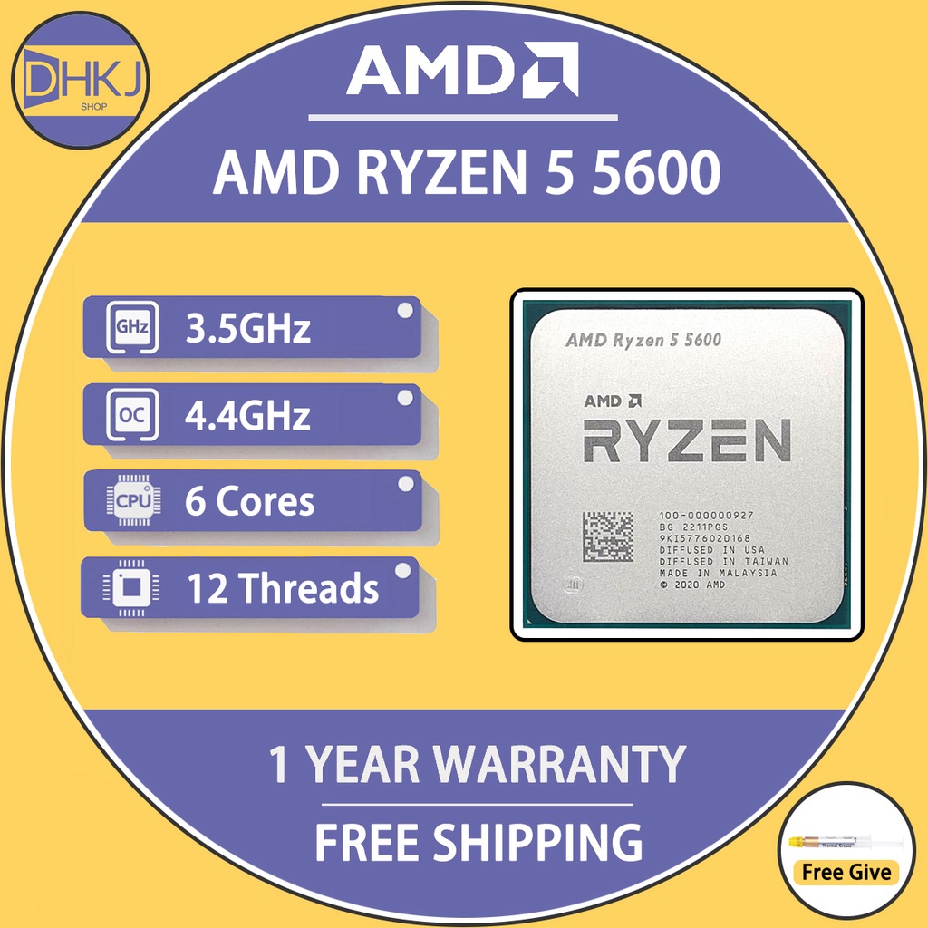 ใหม่ AMD Ryzen 5 5600 R5 5600 CPU เกมโปรเซสเซอร์ซ็อกเก็ต AM4 6-Core 12 ...