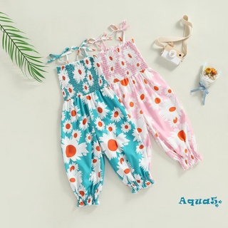 AQQ-Infant Summer Jumpsuit, Girls Tie-up Smocked Flower/ Leaf Print Spaghetti Strap Romper