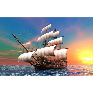 รูปภาพเรือสำเภาสีขาวแสงอาทิตย์สาดส่อง ภาพเรือสำเภา เสริมฮวงจุ้ย โปสเตอร์ Poster วอลเปเปอร์ ตกแต่งผนัง ภาพแต่งบ้าน