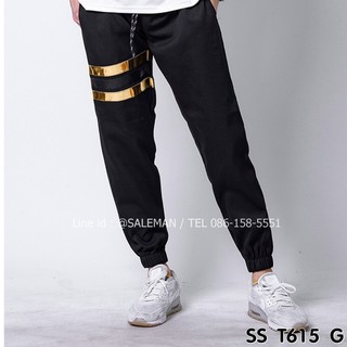 กางเกง JOGGER พรีเมี่ยม ผ้า COTTON รหัส SS T615 G สีดำ แถบทอง