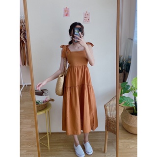 PBM0902 CINDY DRESS เดรสตัวยาวผูกไหล่ทรงเจ้าหญิง ผูกโบว์ที่ไหล่น่ารักๆ กระโปรงเย็บเลเยอร์เป็นชั้นๆใส่สวยมากกก