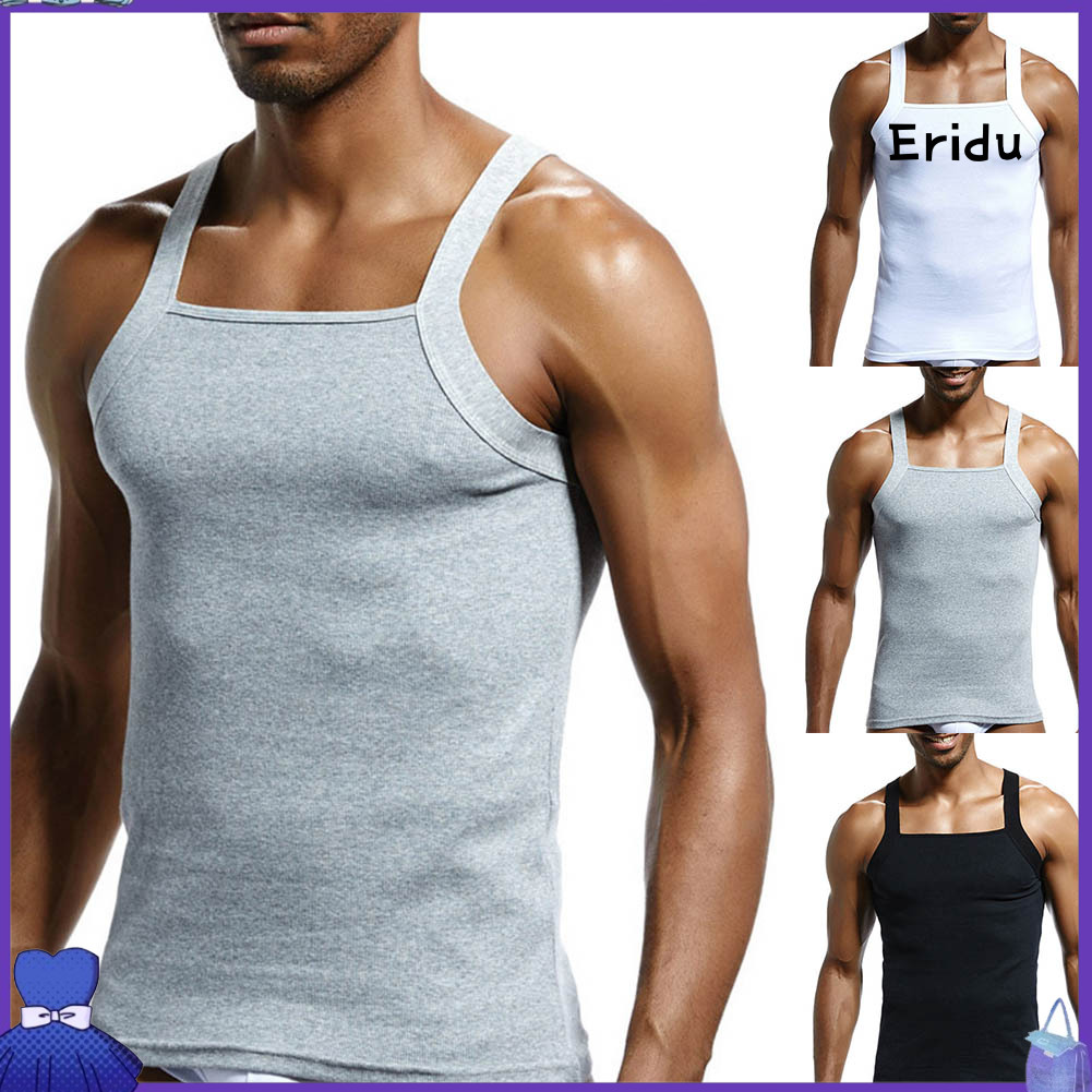 ภาพหน้าปกสินค้าEH_Casual Men Solid Color Sleeveless Slim Vest Breathable Fitness Cotton Tank Top