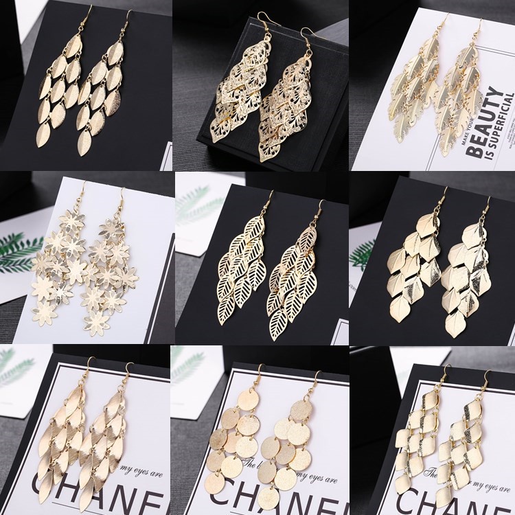 ต่างหูห้อย-รูปใบไม้-หลายใบ-สีทอง-สีเงิน-สไตล์วินเทจ-กลวง-สําหรับผู้หญิง