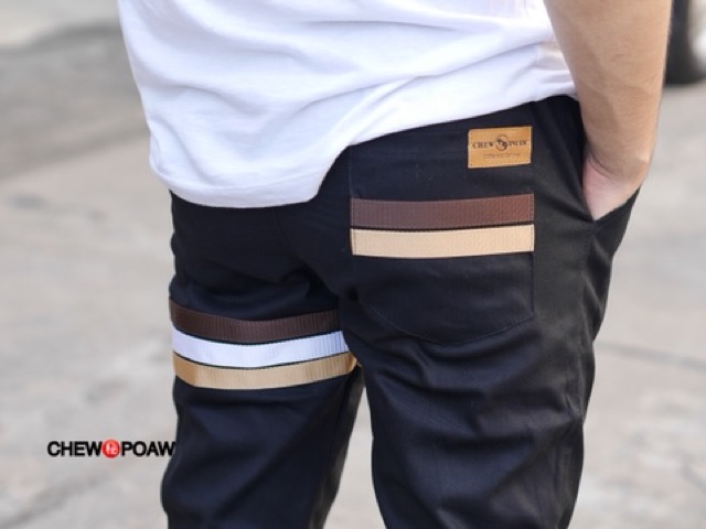 jogger-pants-สีดำแถบน้ำตาล-ขาว-ทอง-ผ้าชิโน่ยืด