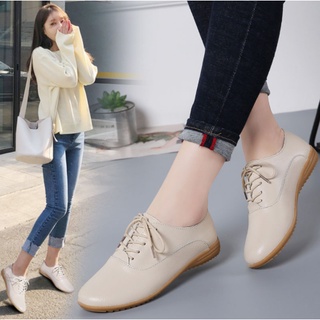 ภาพขนาดย่อของสินค้ารองเท้าส้นเตี้ยสตรี รองเท้าหนังคุณภาพสูงรองเท้าแบนรองเท้าสีขาวรองเท้าลูกไม้รอบเท้าลื่น