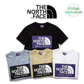 THE NORTH FACE เสื้อยืดลําลองแฟชั่นสําหรับผู้ชายผู้หญิงแขนสั้นคอก ลมผ้าฝ้ายสีด ําสีเหลืองสีฟ้า