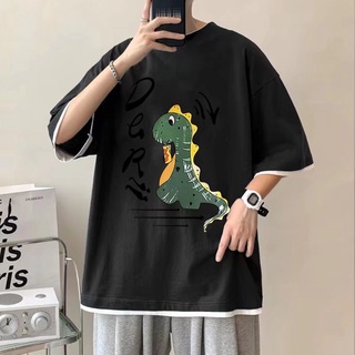 เสื้อคอกลม แขนสั้น พิมพ์ลายการ์ตูนไดโนเสาร์ ทรงหลวม เข้ากับทุกการแต่งกาย แฟชั่นฤดูร้อน สไตล์ญี่ปุ่น สําหรับผู้ชาย และผู้