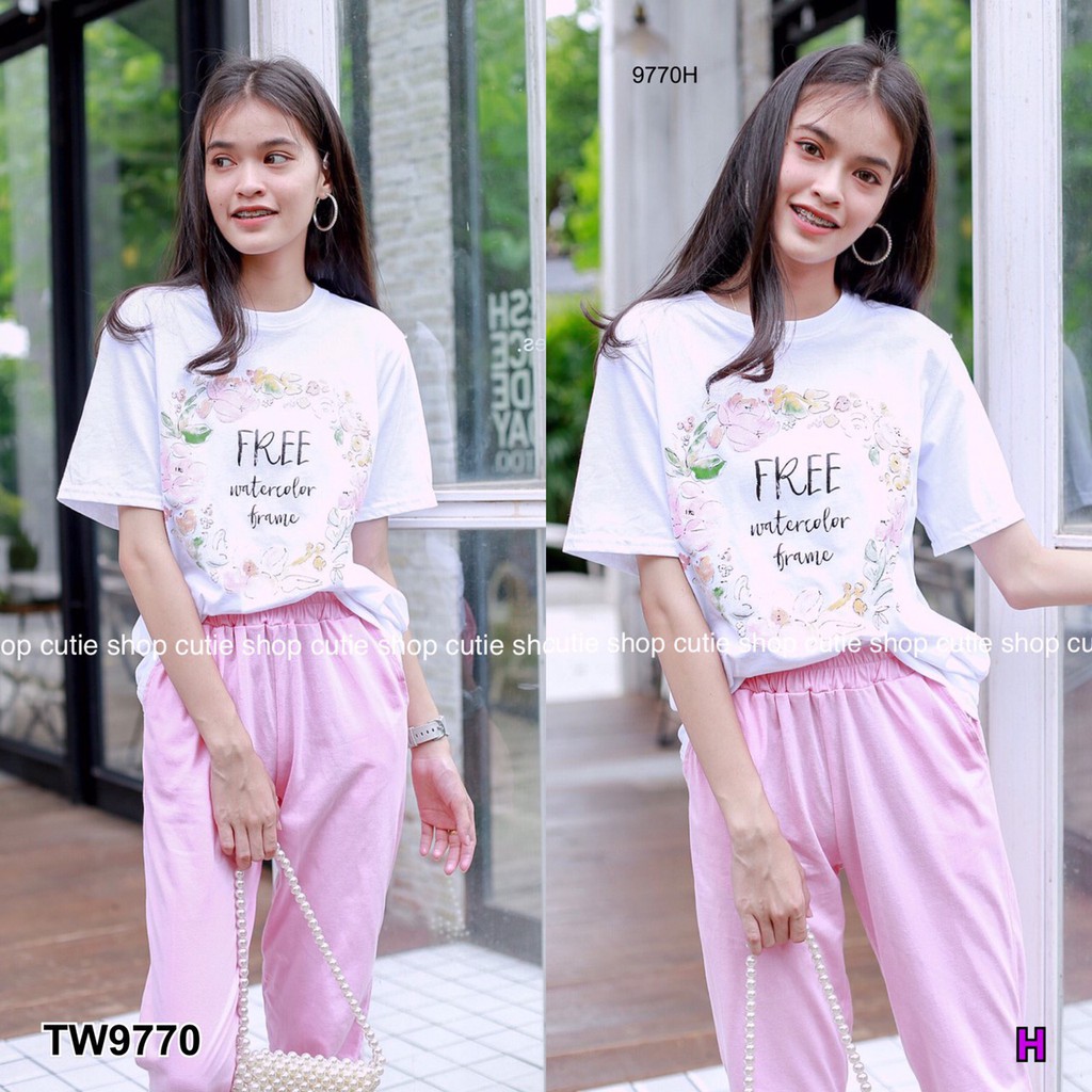 set-เสื้อแขนสั้น-กางเกงขายาว-ลายดอกไม้-at9770