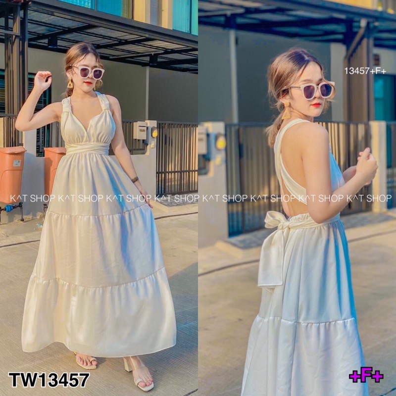 b13457-แม็กซี่เดรสคล้องคอผูกโบว์-ผ้าโฟร์ฟร์เวย์สีพื้น-halter-neck-bow-tie-maxi-dress-four-way-fabric-solid-color