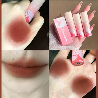 Pink COCO ลิปสติก ลิปกลอส เนื้อแมตต์ ให้ความชุ่มชื้น ไม่จางหาย ลายกวางน่ารัก