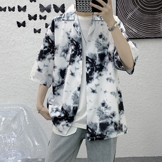 เสื้อเชิ้ตแขนสั้นลําลอง สีมัดย้อม สไตล์เกาหลี สําหรับผู้ชาย