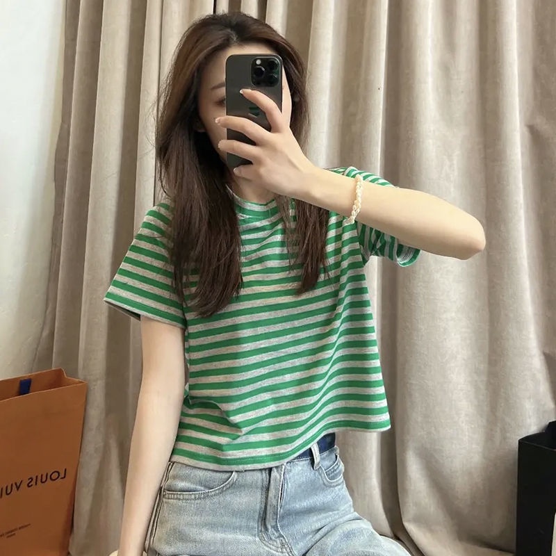 เสื้อยืดแขนสั้น-ผ้าฝ้าย-ลายทาง-สีตัดกัน-สําหรับผู้หญิง