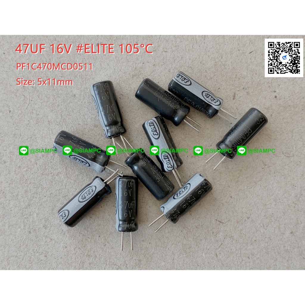 จำนวน-10ชิ้น-47uf-16v-105c-elite-size-05x11mm-ขาสั้น-สีดำ-คาปาซิเตอร์-pf1c470mcd0511