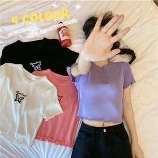 Aone(พร้อมส่ง/ใหม่)#5150 เสื้อไหมพรมคอกลมทรงเอวลอยลายปักผีเสื้อผู้หญิงสไตล์เกาหลี