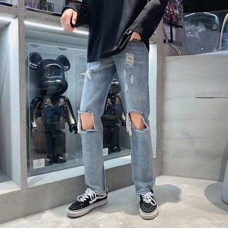 สินค้า Unisex 👖 กางเกงยีนส์ขายาวลำลอง ขาด ผู้ชาย แฟชั่นสไตล์เกาหลี กางเกงยีนขาเดฟ ขากระบอก ชาย สีน้ำเงิน Jeans S-XXXL