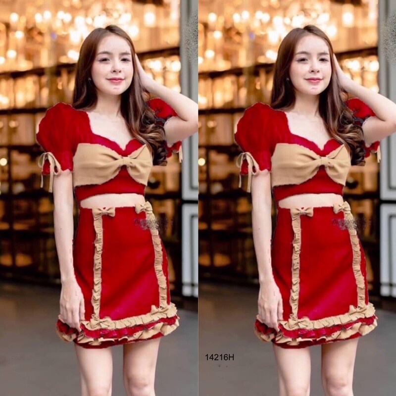b14216-เดรสแขนผ้าแก้วอกแต่งโบว์ชายระบาย-glass-sleeve-dress-with-bow-hem