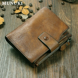 Munuki กระเป๋าสตางค์หนังแท้ ใบสั้น สไตล์วินเทจ พร้อมช่องใส่บัตร เหรียญ แฟชั่นสําหรับผู้ชาย WP001