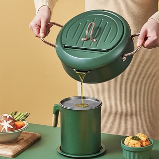 ∈◑20/24 cm Japanese Deep Frying Pot with Thermometer and a Lid 304 Stainless Steel Kitchen Tempura French Fries Fryer Pa