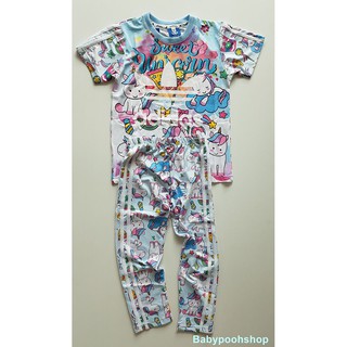 เสื้อแขนสั้นพร้อมกางเกงขายาว ลายม้ายูนิคอร์น สีฟ้า เนื้อผ้าลื่นๆ