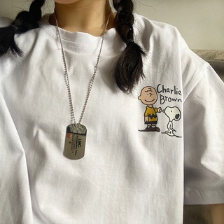 Snoopy เสื้อยืดแขนสั้น ผ้าฝ้ายแท้ พิมพ์ลายการ์ตูนสนูปปี้ ทรงหลวม สไตล์เกาหลี ฮ่องกง แฟชั่นฤดูร้อน สําหรับผู้หญิง