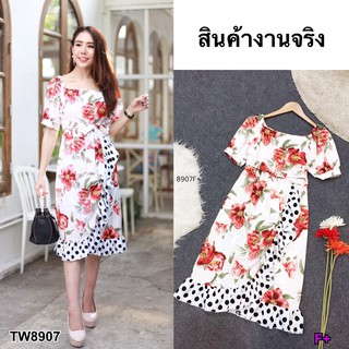 AK 8907 Dress เดรสคอกว้่ง แขนตุ๊กตา