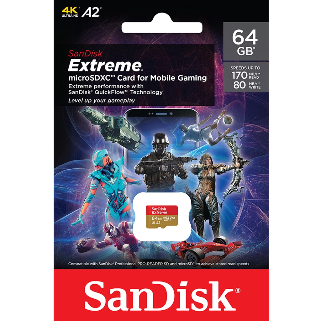 คำอธิบายเพิ่มเติมเกี่ยวกับ SanDisk Extreme microSDXC Card V30 U3 A2 64GB 170MB/s R, 80MB/s W (SDSQXAH-064G-GN6GN*1) Mobile Gaming Lifetime Limited