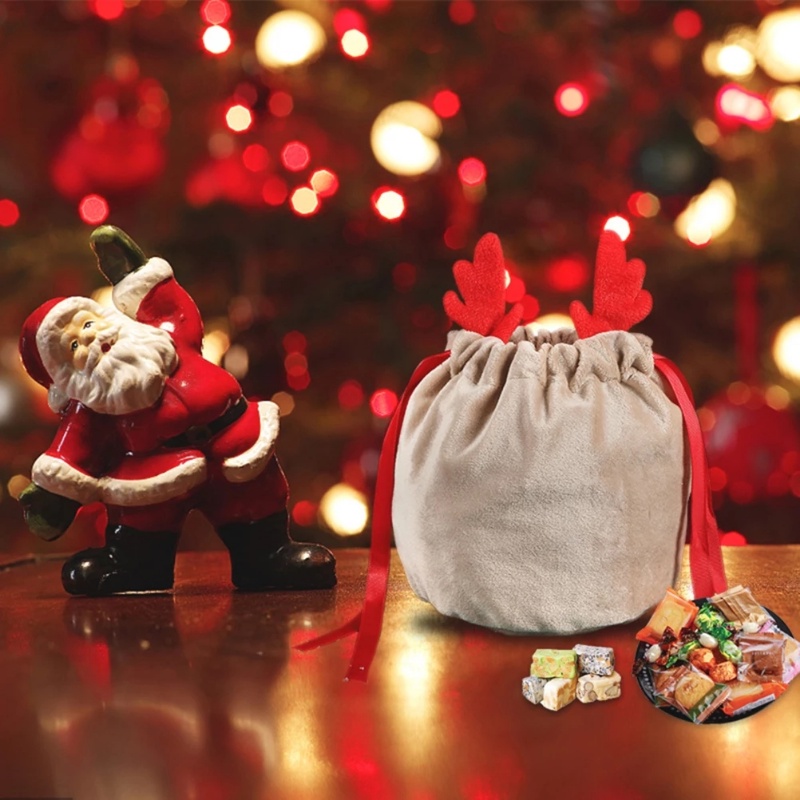 ถุงขนม-คุกกี้-แบบหูรูด-ผ้ากํามะหยี่-ลายเขากวางน่ารัก-เหมาะกับของขวัญคริสต์มาส-สําหรับตกแต่งปาร์ตี้
