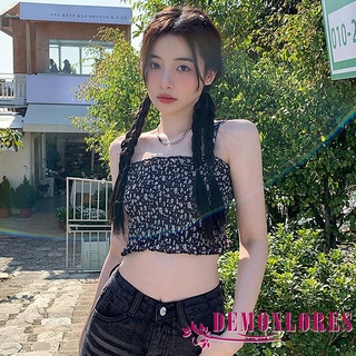 Demonlores-Women Summer Shirring Flower Print Spaghetti Strap Sleeveless Korean Style Crop Tops