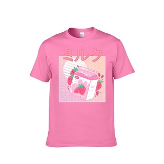 เสื้อยืดพิมพ์ลายแฟชั่นเสื้อยืดคอกลมcrew neckFunny Retro 90s Japanese Kawaii Strawberry Milk Shake Carton T-Shirt QnGaS-4
