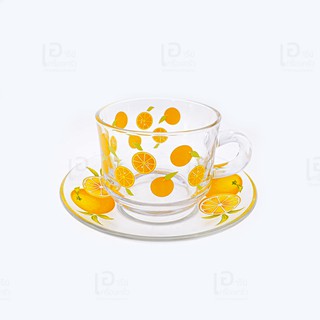 ชุดแก้วใสพิมพ์ลาย น้ำส้ม พร้องจานรอง ราคาปลีก-ส่ง ถูก ย่อมเยา พร้อมส่ง