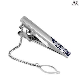 ANGELINO RUFOLO Tie Clip ดีไซน์ Dark Blue Leaves เข็มหนีบเนคไทโรเดียมคุณภาพเยี่ยม สีน้ำเงิน/สีเงิน