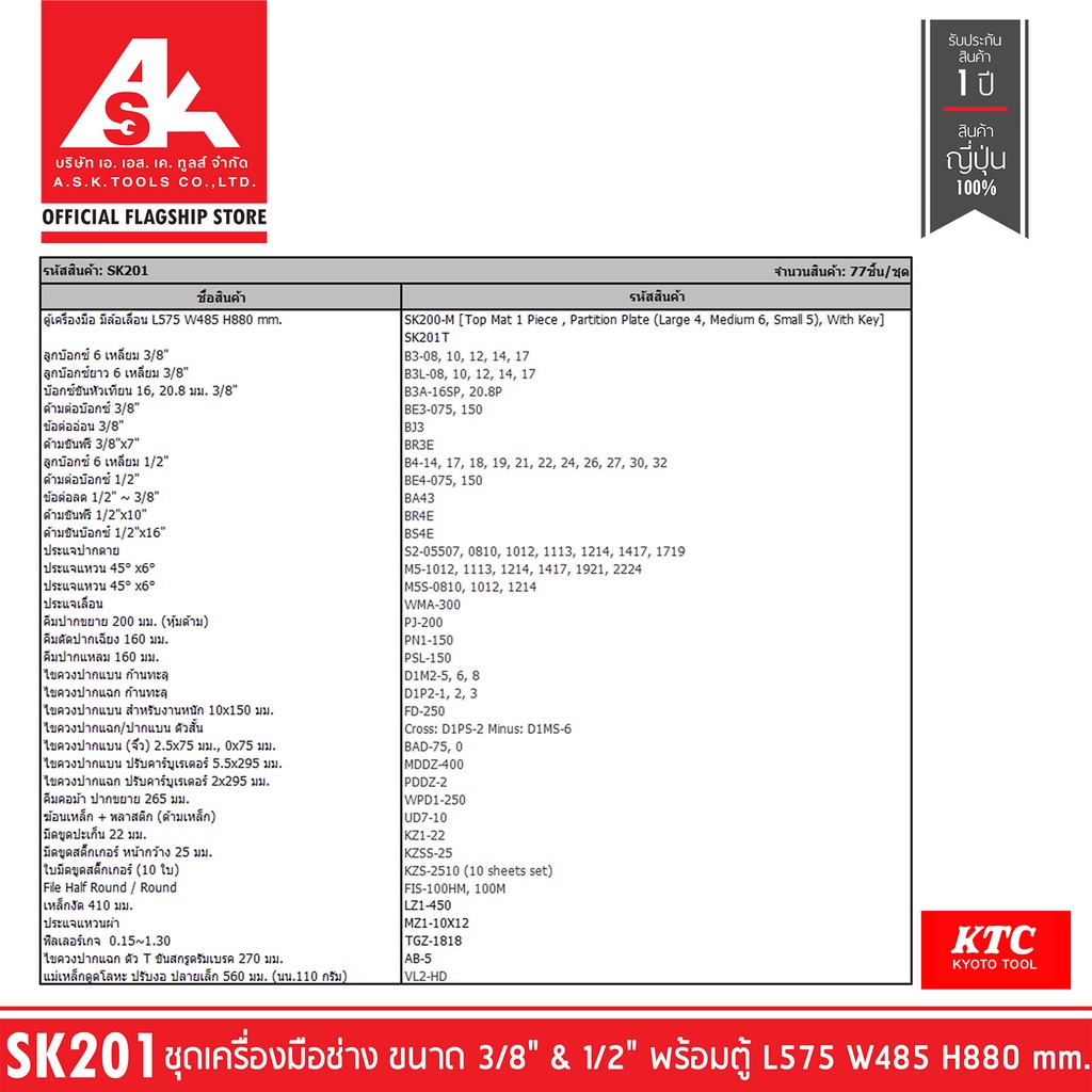 ktc-ชุดเครื่องมือช่าง-ขนาด-3-8-amp-1-2-พร้อมตู้-l575-w485-h880-mm-พรีออเดอร์รอ60วัน-รหัสสินค้า-sk201