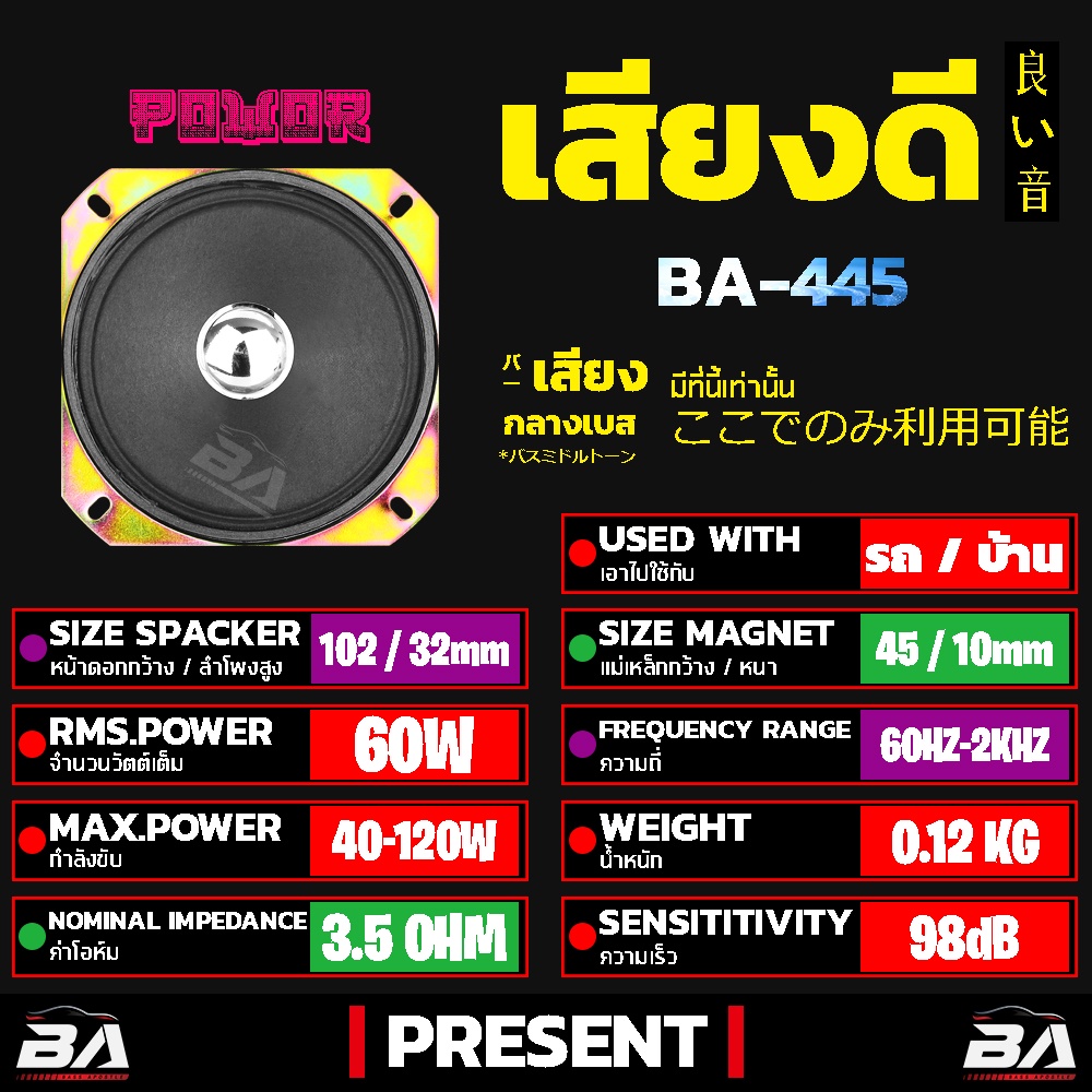 ba-sound-ลำโพงเสียงกลาง-4-นิ้ว-60w-ba-445-ดอกลำโพง-4-นิ้ว-ลำโพง-4-นิ้ว-ดอก4นิ้ว-ลำโพงติดรถยนต์-เครื่องเสียงติดรถยนต์