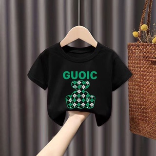 เสื้อผ้าเด็กโต เสื้อยืดเด็กคอกลมแขนสั้นผ้าคอตตอนลายการ์ตูนหมีGUOIC