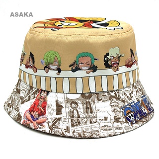 Asaka หมวกบักเก็ตกันแดด พิมพ์ลายการ์ตูนอนิเมะ One Piece ลูฟี่ แฟชั่นฤดูร้อน สําหรับผู้ชาย และผู้หญิง