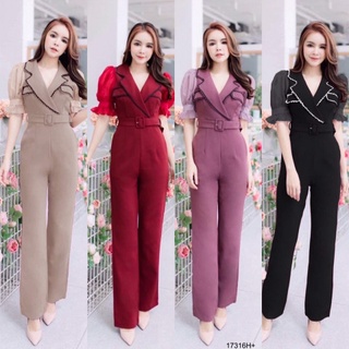 B17316 Jumpsuit จั้มสูทขายาว แต่งริบบิ้นหยัก + เข็มขัด Jumpsuit Long-legged jumpsuit decorated with wavy ribbon + belt