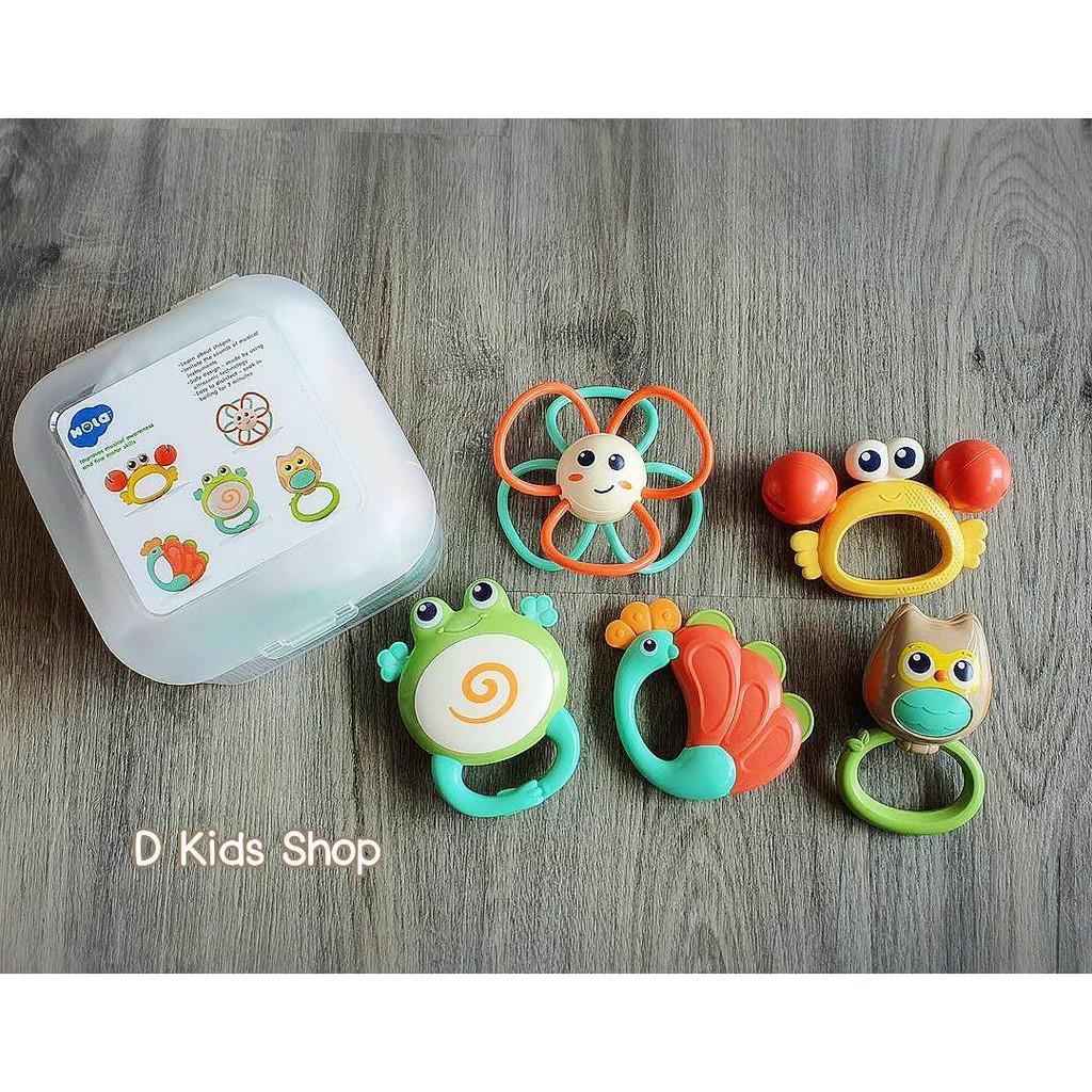 ยางกัดและตัวเขย่า-animal-baby-rattles-and-flower-teether-แบรนด์แท้-hola-toys