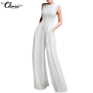 CELMIA Women Sleeveless Long Jumpsuit With Pockets Casual Loose Wide Leg Long Pants Overalls