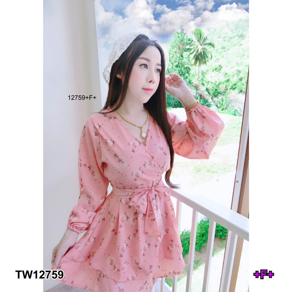 pe12759-จั้มสูทคอวีแขนยาวพิมพ์ดอกไม้-ผูกเอว