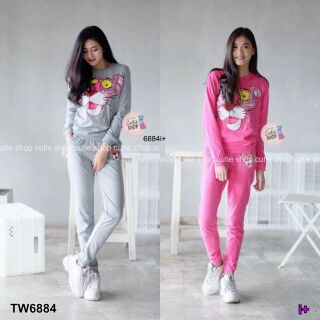 🎀🎀Set 2 ชิ้น เสื้อแขนยาวและกางเกงขายาวเอวสม้อค-TW6884