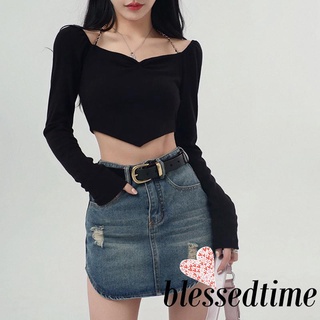 Now-Women´s Crop Tops Chain Halter Shoulder Cutout Long Sleeve Irregular Hem Slim Fit Short Tops