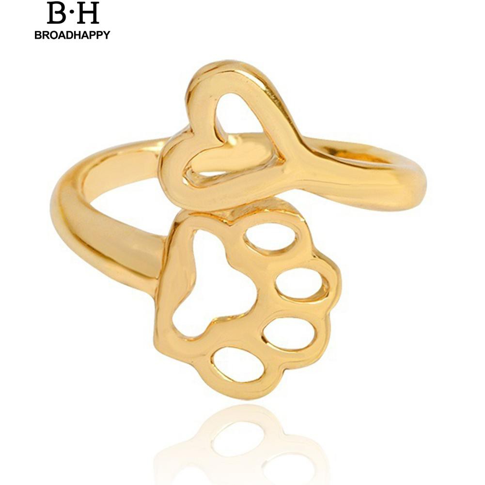 broadhappy-แหวนเปิดปรับได้กลวงหัวใจรักสุนัข-paw-แหวนสำหรับเจ้าของสุนัข-แหวนเกลี้ยง