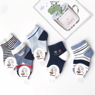 ภาพขนาดย่อของภาพหน้าปกสินค้าถุงเท้าเด็กแรกเกิด 0-6 เดือน แพ็ค 5 คู่ หลากหลายลาย จากร้าน baan_ama บน Shopee