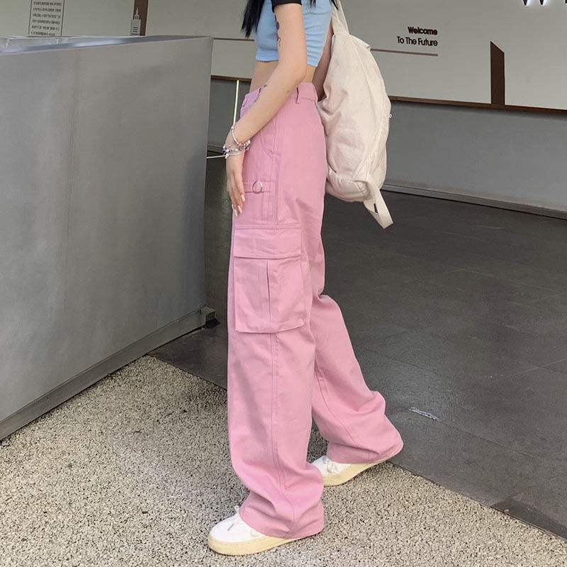 กางเกงฮิปฮอปผู้หญิง-อเมริกันย้อนยุคเอวสูงตรงกางเกงทำงานลำลองผู้หญิงฤดูร้อนใหม่สีชมพูสาวฮอตกางเกง-pink-trousers