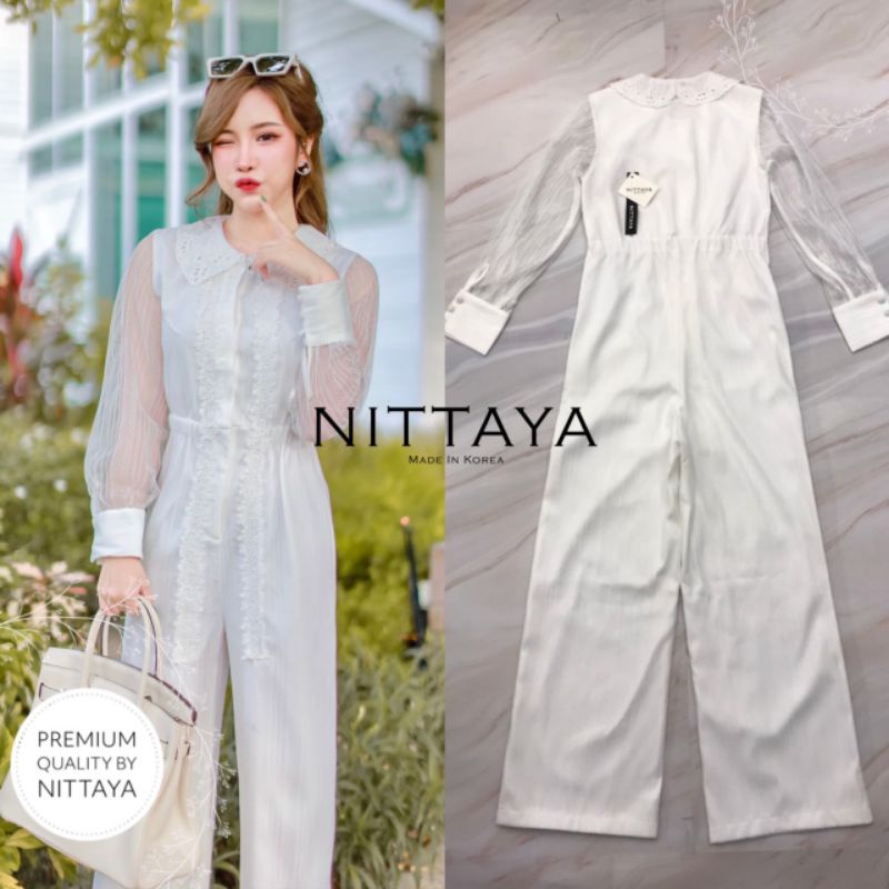 ป้าย-nittaya-จั้มสูทขายาวสีขาวแขนซีทรูคอปก